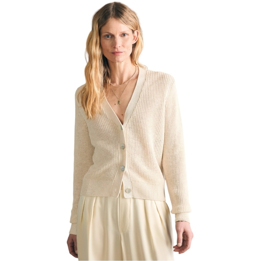 Faherty Cream Knit V-Neck Button Cardigan